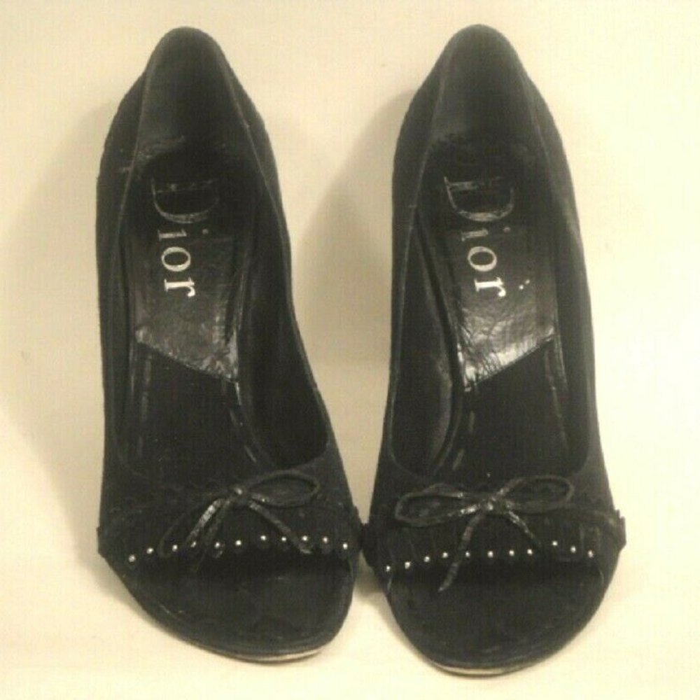Dior Black Peep-Toe Heels with Bow and Stud Detail